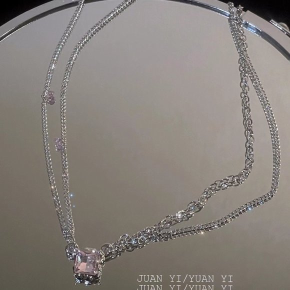 Double stacked square pink zircon necklace - Picture 13 of 13